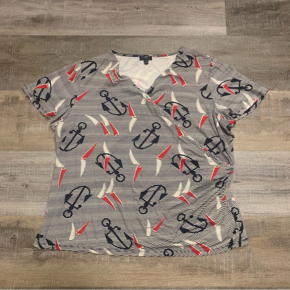 Talbots Women’s 1X Nautical Anchor Sailboat Faux Wrap Top